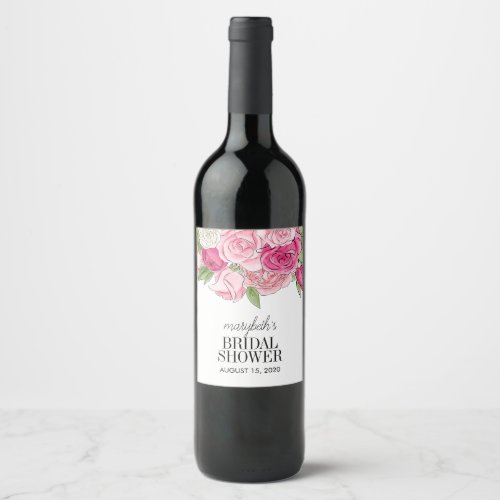 Watercolor Pink Roses Bridal Shower Wine Label