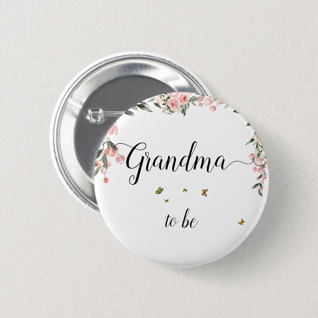 Watercolor Pink Roses & Butterflies Grandma-to-be Button (Front & Back)