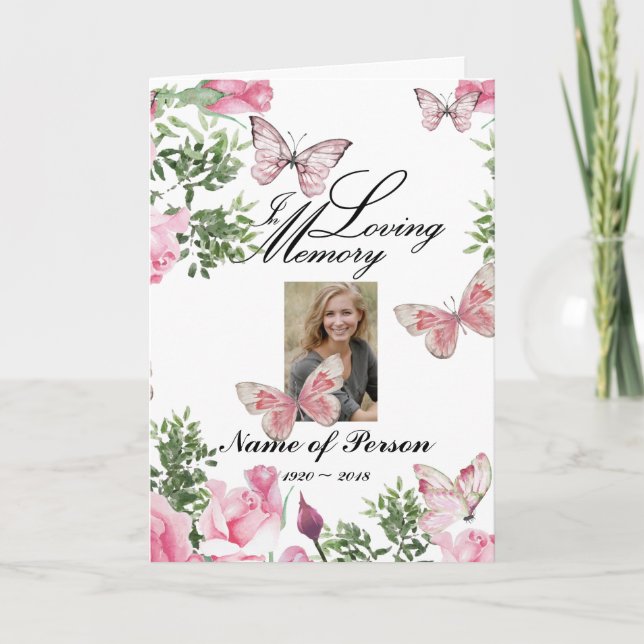 Watercolor Pink Roses & Butterfly Funeral Program (Front)