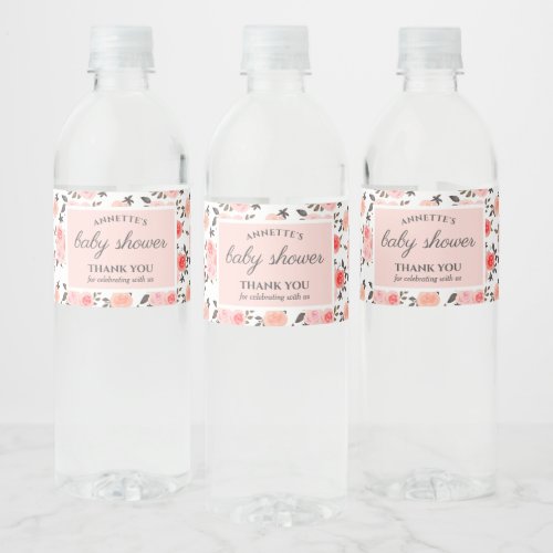 Watercolor Pink Roses Chic Baby Shower Water Bottle Label