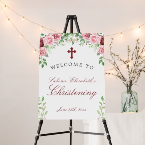 Watercolor pink roses Christening welcome sign