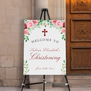 Watercolor pink roses Christening welcome sign