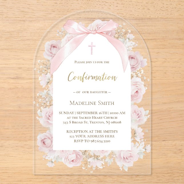 watercolor pink roses Confirmation Acrylic Invitations (Front)