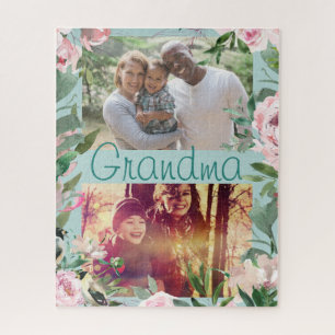 Watercolor Pink Roses & Custom Photos for Grandma Jigsaw Puzzle