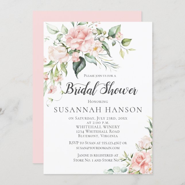 Watercolor Pink Roses Eucalyptus Bridal Shower Invitation (Front/Back)