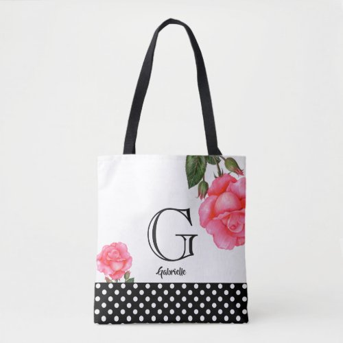 Watercolor Pink Roses Floral Art Monogram Tote Bag