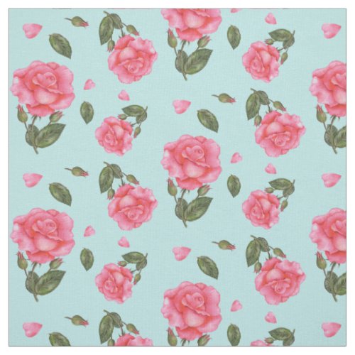 Watercolor Pink Roses Floral Art Pattern Fabric