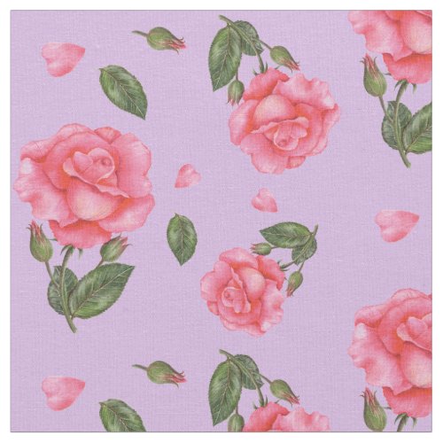 Watercolor Pink Roses Floral Art Pattern Fabric