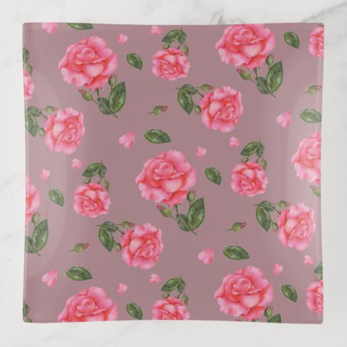 Watercolor Pink Roses Floral Art Pattern Trinket Tray