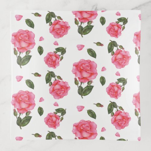 Watercolor Pink Roses Floral Art Pattern Trinket Tray