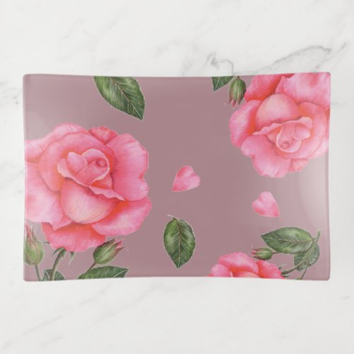 Watercolor Pink Roses Floral Art Pattern Trinket Tray