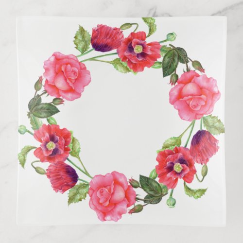 Watercolor Pink Roses Floral Art Pattern Trinket Tray