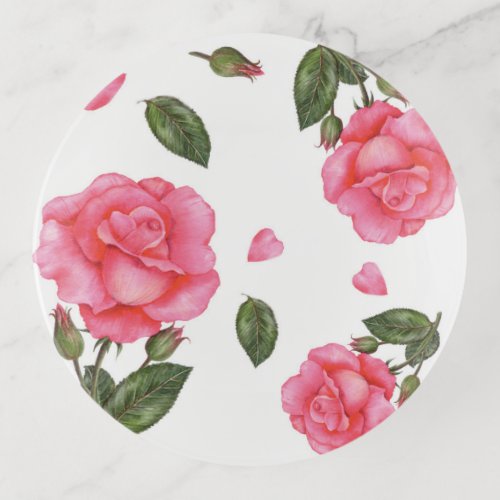 Watercolor Pink Roses Floral Art Pattern Trinket Tray