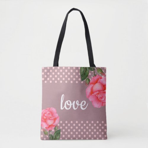 Watercolor Pink Roses Floral Art Polka Dot Tote Bag