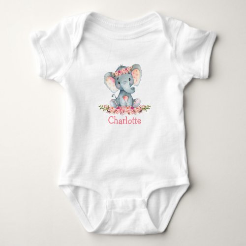 Watercolor Pink Roses Floral Baby Elephant Baby Bodysuit