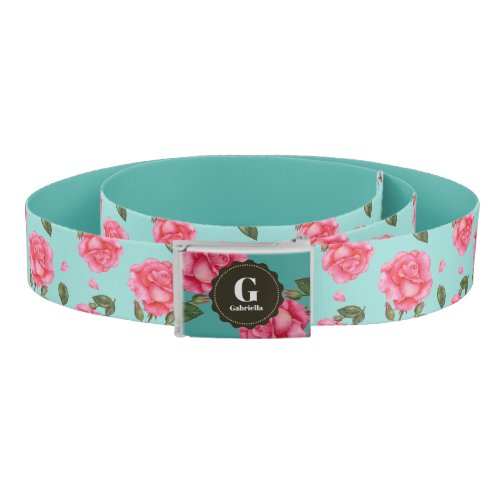 Watercolor Pink Roses Floral Botanical Monogram Belt