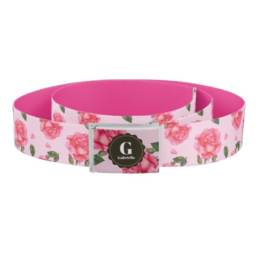 Watercolor Pink Roses Floral Botanical Monogram Belt