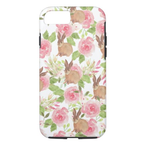 Watercolor pink roses floral brown bunny rabbit iPhone 87 case