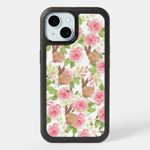Watercolor pink roses floral brown bunny rabbit iPhone 15 case