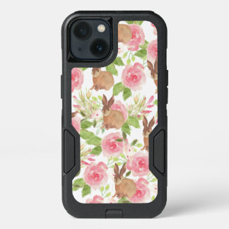 Watercolor pink roses floral brown bunny rabbit iPhone 13 case