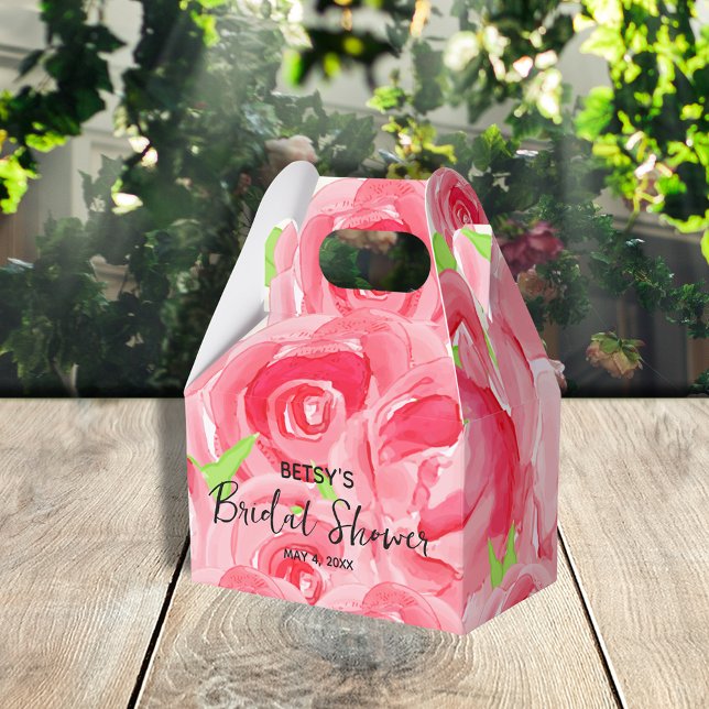 Watercolor Pink Roses Floral Gable Favor Boxes (4" x 2.5" x 5" gable style favor boxes ready to personalize for your occasion.)