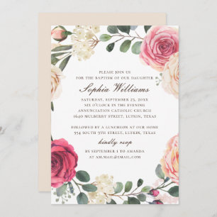 Watercolor pink roses. Floral garden baptism Invitation