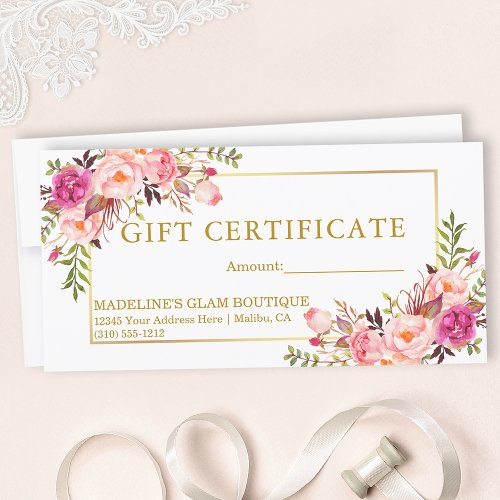 Watercolor Pink Roses Floral Gold Gift Certificate