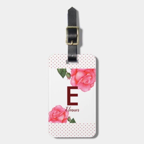 Watercolor Pink Roses Floral Monogram Luggage Tag