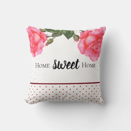 Watercolor Pink Roses Floral Polka Dots Throw Pillow