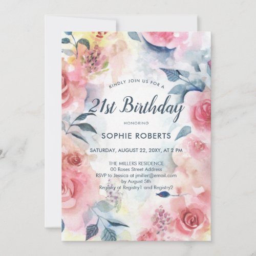 Watercolor Pink Roses Floral Romantic 21 Birthday Invitation