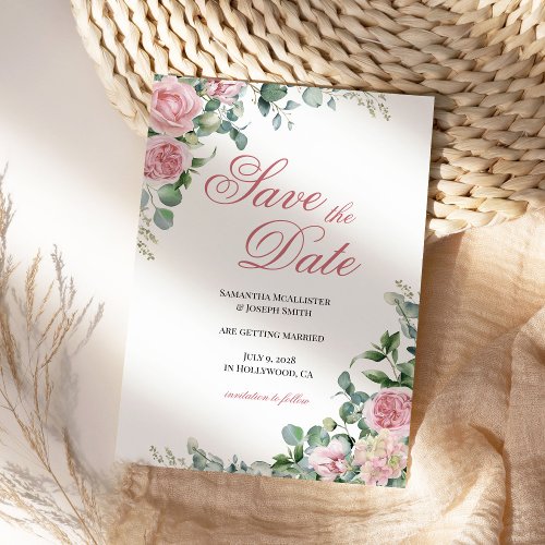 Watercolor Pink Roses Floral Save The Date