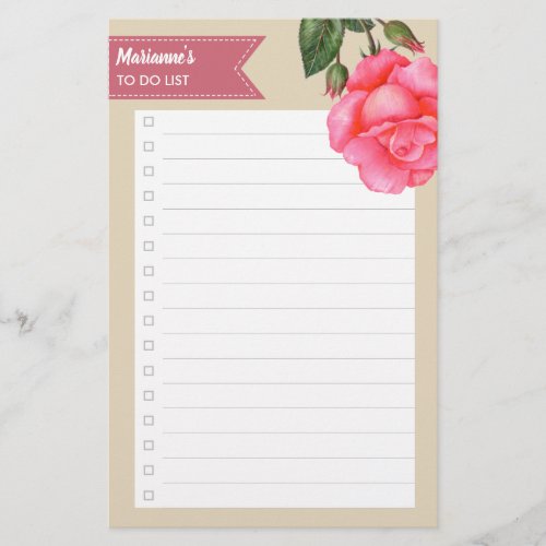Watercolor Pink Roses Floral To Do List Stationery