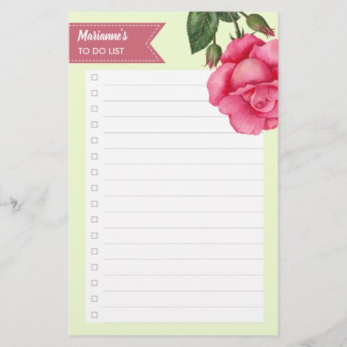 Watercolor Pink Roses Floral To Do List Stationery