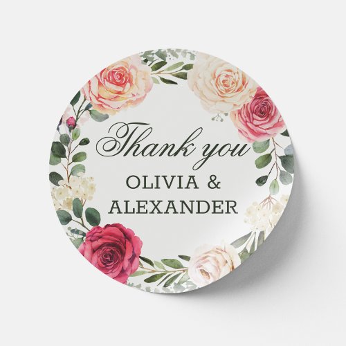 Watercolor pink roses Floral wedding thank you Classic Round Sticker