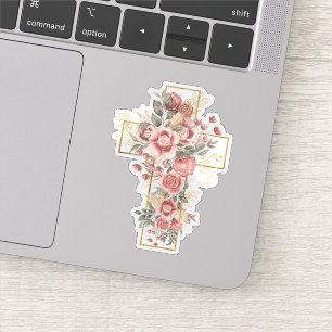 Watercolor Pink Roses Floral with Gold Cross Sticker