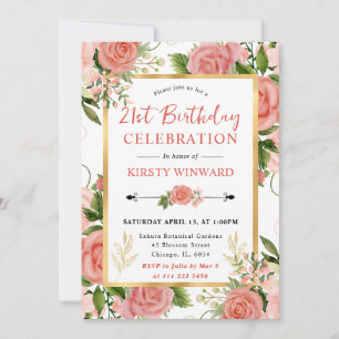 Watercolor Pink Roses Flowers 21st Birthday Invitation