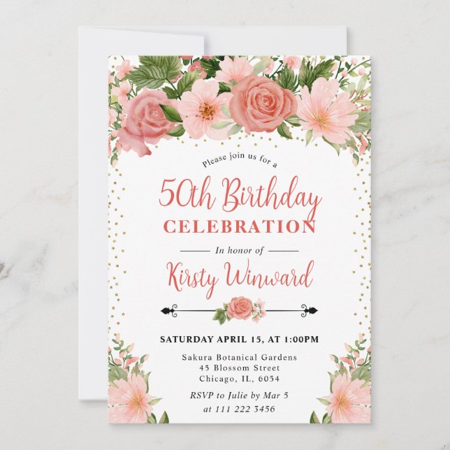 Watercolor Pink Roses Flowers 50th birthday Invitation (Front)