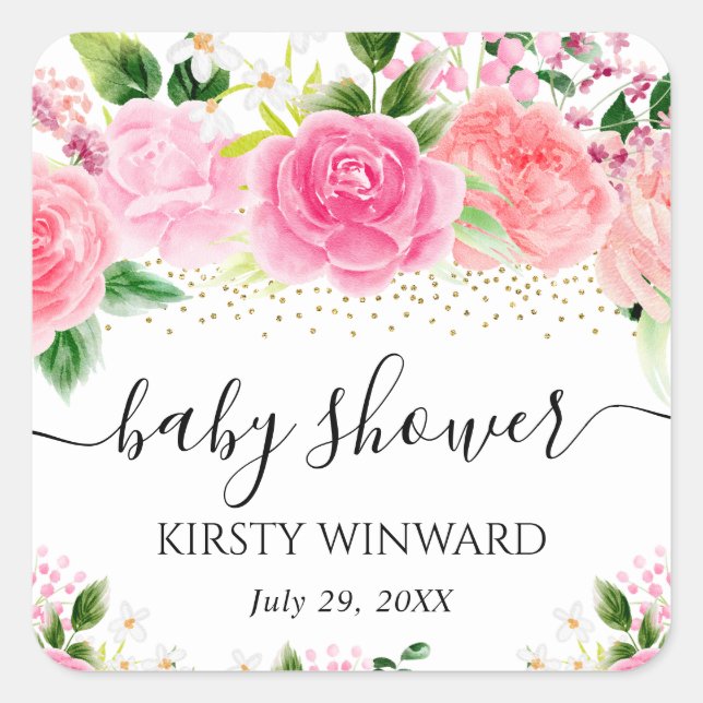 Watercolor Pink Roses Flowers Baby Shower Square Sticker (Front)