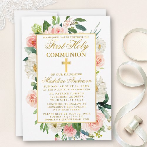 Watercolor Pink Roses Flowers Gold First Communion Invitation