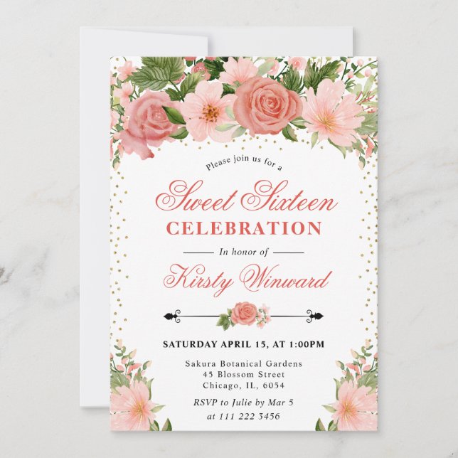 Watercolor Pink Roses Flowers Photo Sweet 16 Invitation (Front)