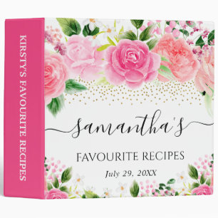 Watercolor Pink Roses Flowers Recipe 3 Ring Binder