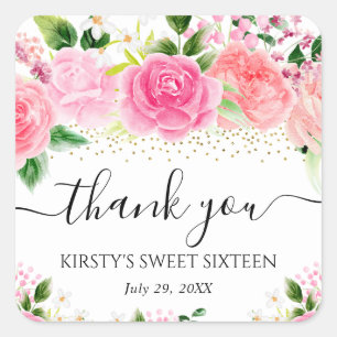 Watercolor Pink Roses Flowers Sweet Sixteen Square Sticker
