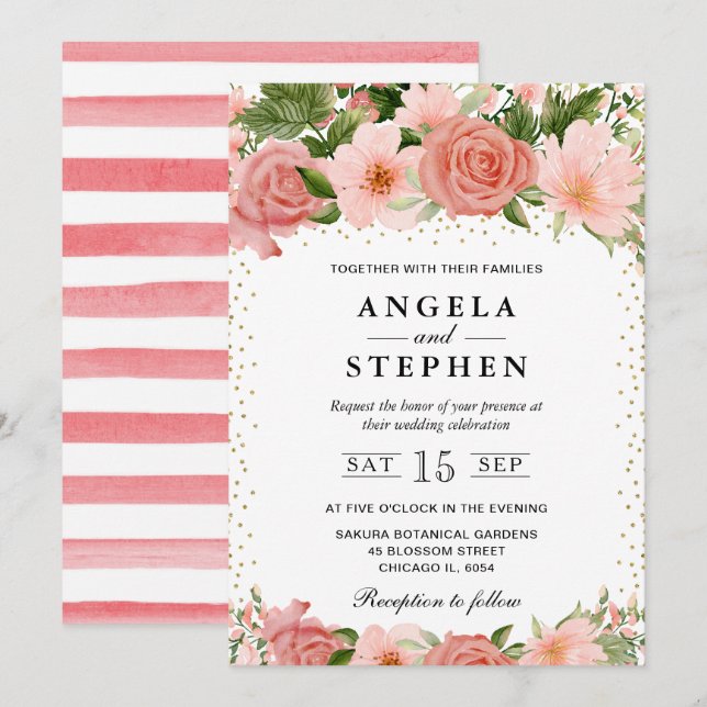 Watercolor Pink Roses Flowers Wedding Invitation (Front/Back)