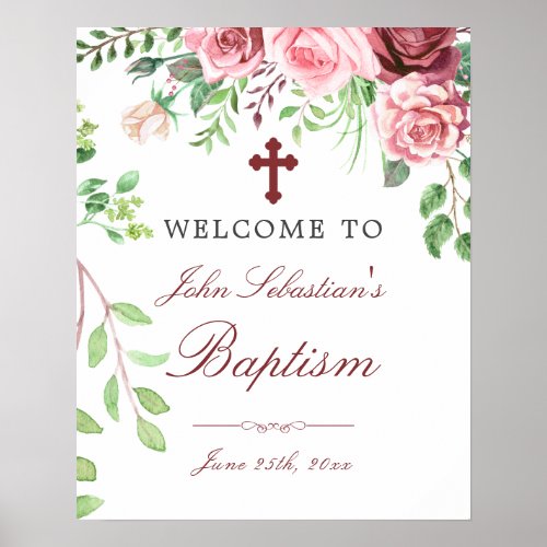 Watercolor Pink Roses Garden Baptism Welcome sign