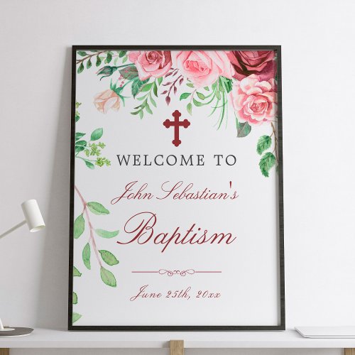 Watercolor Pink Roses Garden Baptism Welcome sign