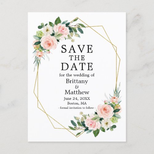 Watercolor Pink Roses Geo Frame Save The Date Postcard