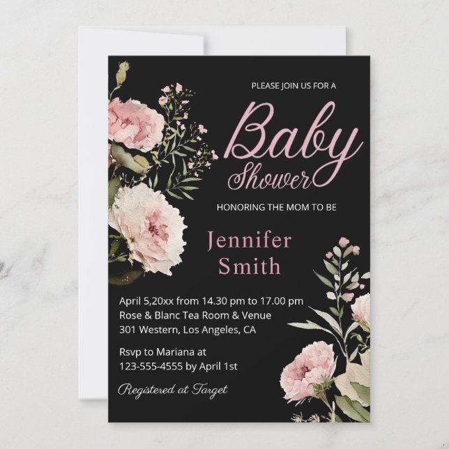 watercolor pink roses girl baby shower invitation (Front)