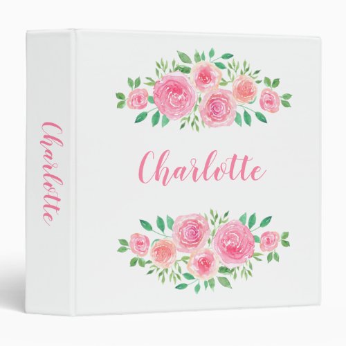 Watercolor Pink Roses Girls Name 3 Ring Binder