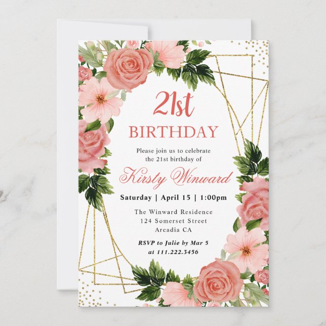 Watercolor Pink Roses Gold Frame 21st Birthday Invitation (Front)