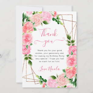 Watercolor Pink Roses Gold Frame Birthday Thank You Card